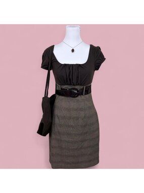 y2k brown plaid office siren corpcore girl boss dress